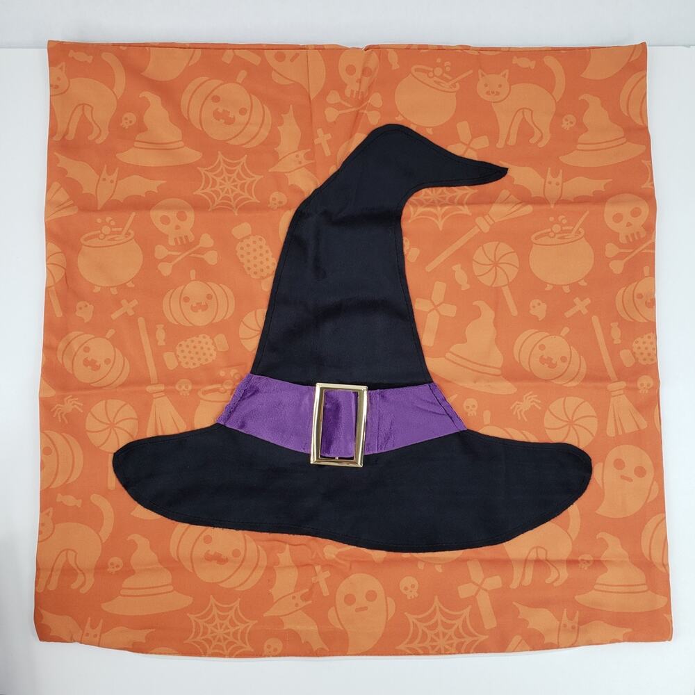 Set of 2 Halloween Witch Hat Orange Throw Pillow Covers 18 x 18 Witches Decor